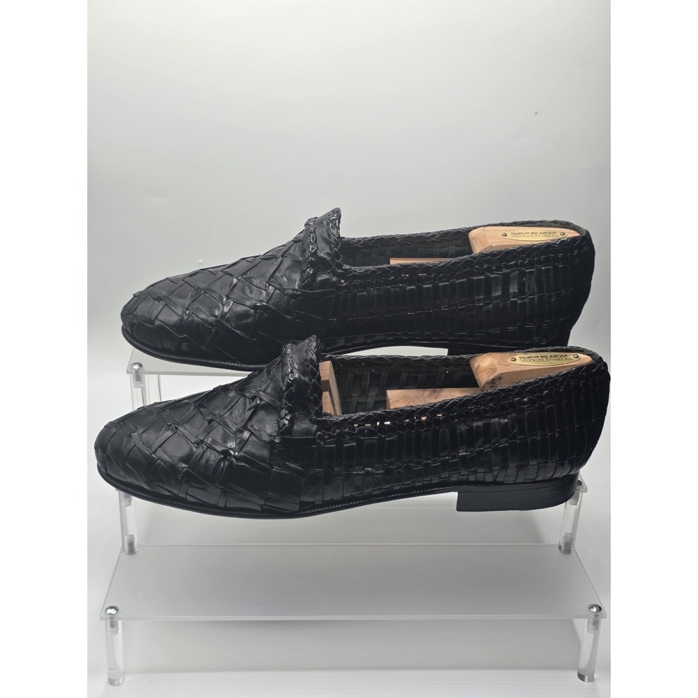 Moreschi Woven Leather Loafers Mens 11‎ Black Handmade Italy Huarache Slip On